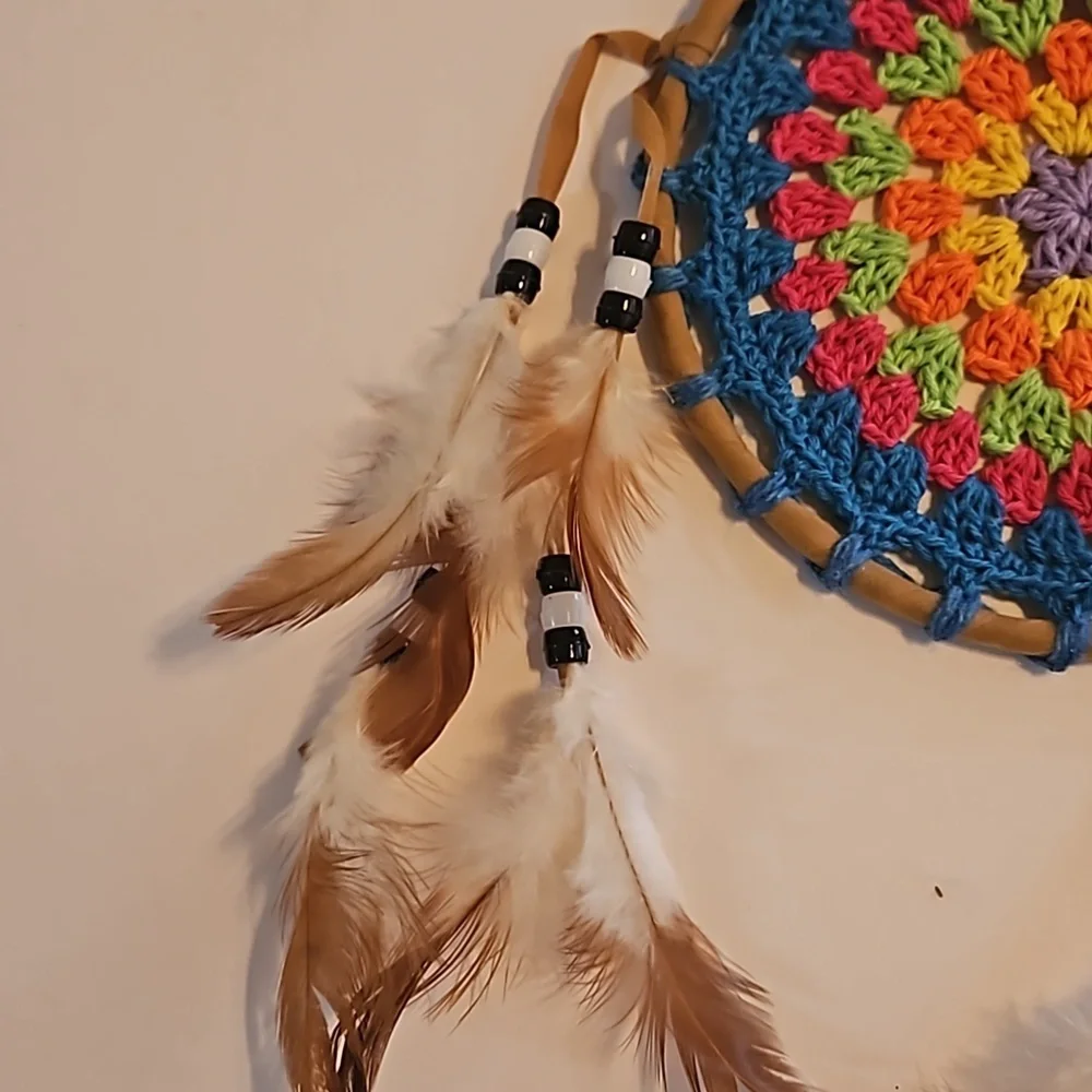 Hand Crafted crochet dreamcatcher multicolored floral eclectic textile decor